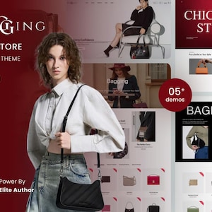 May include: A digital display of the Bagging Shopify theme featuring a person wearing a black quilted shoulder bag with a long strap. The interface shows various product images, the text Bagging Bag Store, OS 2.0, and 05+ demos on a dark red background.