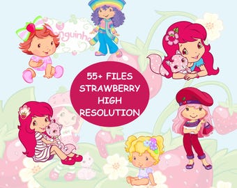 Paquete de más de 55 imágenes SVG y PNG retro de Strawberry Shortcake / Lindas imágenes prediseñadas de Berry Girl de dibujos animados de los 90, pegatinas vintage de lazo coqueto, diseño para sublimación de Cricut