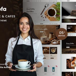 May include: A digital display of the Kofa Coffee & Cafes Shopify theme featuring a person in a white shirt and black apron holding a white coffee cup on a silver tray, alongside multiple website layout previews showcasing coffee products and text.