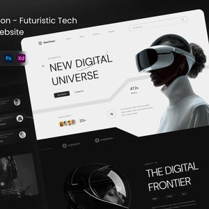 以下が含まれることがあります： 「NeoVision - Futuristic Tech & VR Website」というテキストが入った、未来的なウェブサイトのデザインコンセプト。VRヘッドセット、「NEW DIGITAL UNIVERSE」の文字、その他洗練されたモダンなスタイルで構成されています。配色は主に黒と白です。