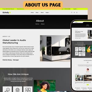 May include: A website mockup titled "About Us Page" with the text "Global Leader in Audio Manufacturing." The mockup shows a desktop and a smartphone displaying the website. The website features black and white design elements and images of audio equipment.