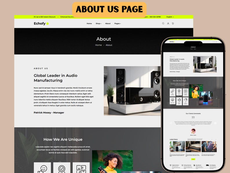 May include: A website mockup titled "About Us Page" with the text "Global Leader in Audio Manufacturing." The mockup shows a desktop and a smartphone displaying the website. The website features black and white design elements and images of audio equipment.