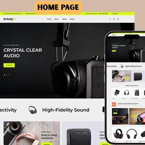 May include: A website homepage displayed on a laptop and smartphone. The website features a black background with the text "CRYSTAL CLEAR AUDIO" and product images. The site showcases headphones and speakers, with sections for connectivity and high-fidelity sound.