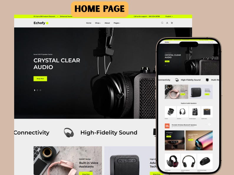 May include: A website homepage displayed on a laptop and smartphone. The website features a black background with the text "CRYSTAL CLEAR AUDIO" and product images. The site showcases headphones and speakers, with sections for connectivity and high-fidelity sound.