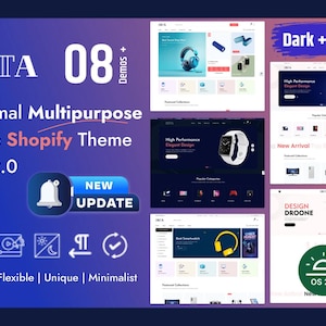 Può includere: Immagine promozionale per un tema Shopify, con uno sfondo blu scuro e il testo "IISTA 08 Demos + Minimal Multipurpose Store Shopify Theme OS 2.0." L'immagine mostra esempi di design di siti web e icone, con le parole "New Update" su un pulsante blu.
