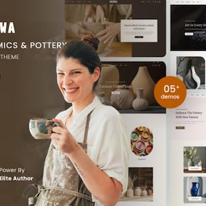 Może przedstawiać: Cyfrowa prezentacja motywu Shopify SEOWA Ceramics & Pottery, przedstawiająca osobę w fartuchu trzymającą ceramiczny kubek, z podglądami interfejsu strony internetowej prezentującymi różne kolekcje ceramiki, wazony i wersje demonstracyjne.