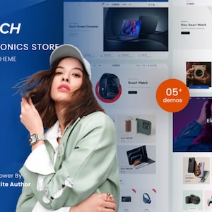 May include: A digital marketing graphic for the ETACH Electronics Store Shopify theme, featuring a person wearing a light green jacket and cap, overlaid on a blue background with website interface previews, product images, and the text 05+ demos.