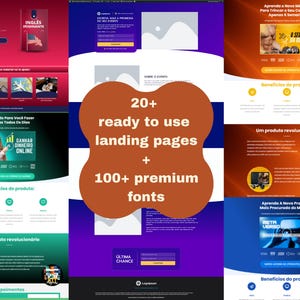 May include: A digital marketing graphic with multiple website mockups in various colors. The central element features a brown shape with the text "20+ ready to use landing pages + 100+ premium fonts."