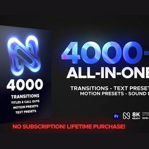 Puede incluir: Una caja azul oscuro con el número "4000" y la palabra "TRANSITIONS" en blanco. El texto "4000+ ALL-IN-ONE" se muestra en letras azules grandes. El texto adicional incluye "TRANSITIONS - TEXT PRESETS, MOTION PRESETS - SOUND FX". También son visibles las palabras "NO SUBSCRIPTION! LIFETIME PURCHASE!"