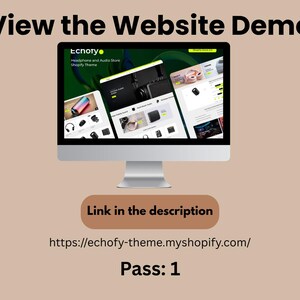 May include: A silver computer monitor displays a website demo. The website showcases headphones and audio store products. Text on the screen reads "Echofy" and "Headphone and Audio Store Shopify Theme." Additional text includes "View the Website Demo" and "Link in the description."