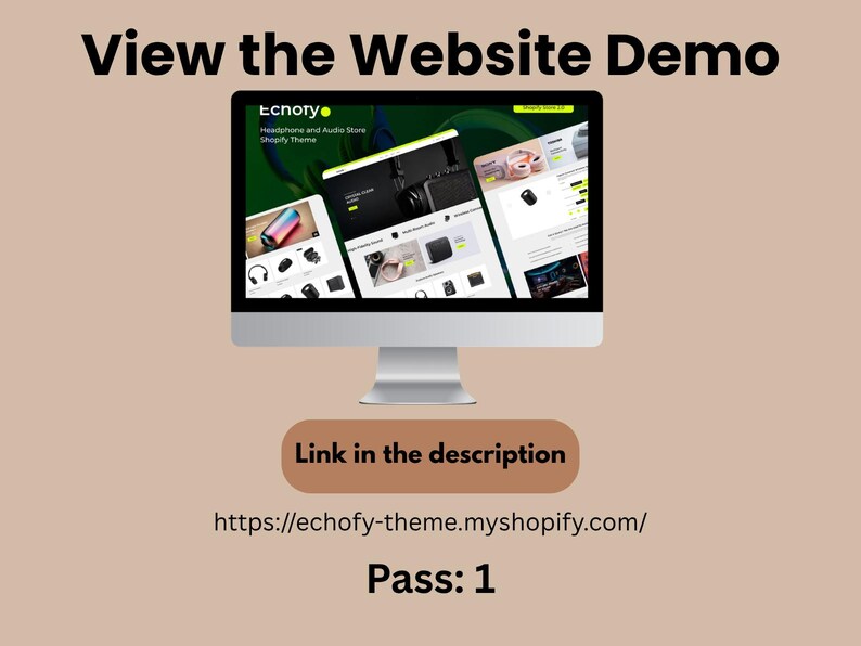 May include: A silver computer monitor displays a website demo. The website showcases headphones and audio store products. Text on the screen reads "Echofy" and "Headphone and Audio Store Shopify Theme." Additional text includes "View the Website Demo" and "Link in the description."