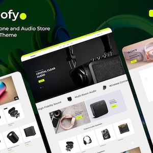 Può includere: Un'immagine promozionale per un negozio online di cuffie e audio. L'immagine presenta mockup di siti Web che mostrano cuffie, altoparlanti e apparecchiature audio. Il design del sito Web è pulito, con una combinazione di colori scuri e verdi. Il testo include "Echofy", "Headphone and Audio Store Shopify Theme" e "Crystal Clear Audio".