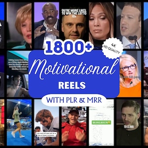 May include: A collage of video thumbnails featuring various individuals, with the text "1800+ Motivational Reels" in a blue banner. The image includes the text "WITH PLR & MRR" and "4K HD QUALITY".
