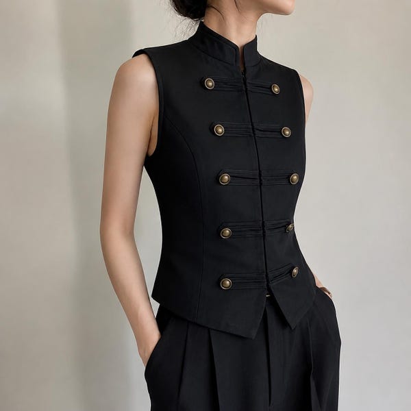 Black Military Vest Top, Sleeveless Button Waistcoat, High Neck Structured Vest, Womens Tailored Gothic Vest, Minimal Chic Layering Top