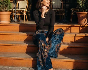 Wide Leg Velvet Pants – Ethnic Print High Waist Trousers with Pockets