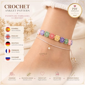 May include: A crochet anklet pattern PDF download featuring a multi-colored floral chain with small white beads at the center of each flower, paired with a thin string anklet that has a single dangling white bead charm and two end beads.