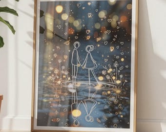 May include: A framed wall art print featuring a white line drawing of two figures holding hands, standing in water with a reflection. The background is a dark blue scene filled with glowing golden bokeh lights and small white heart outlines.