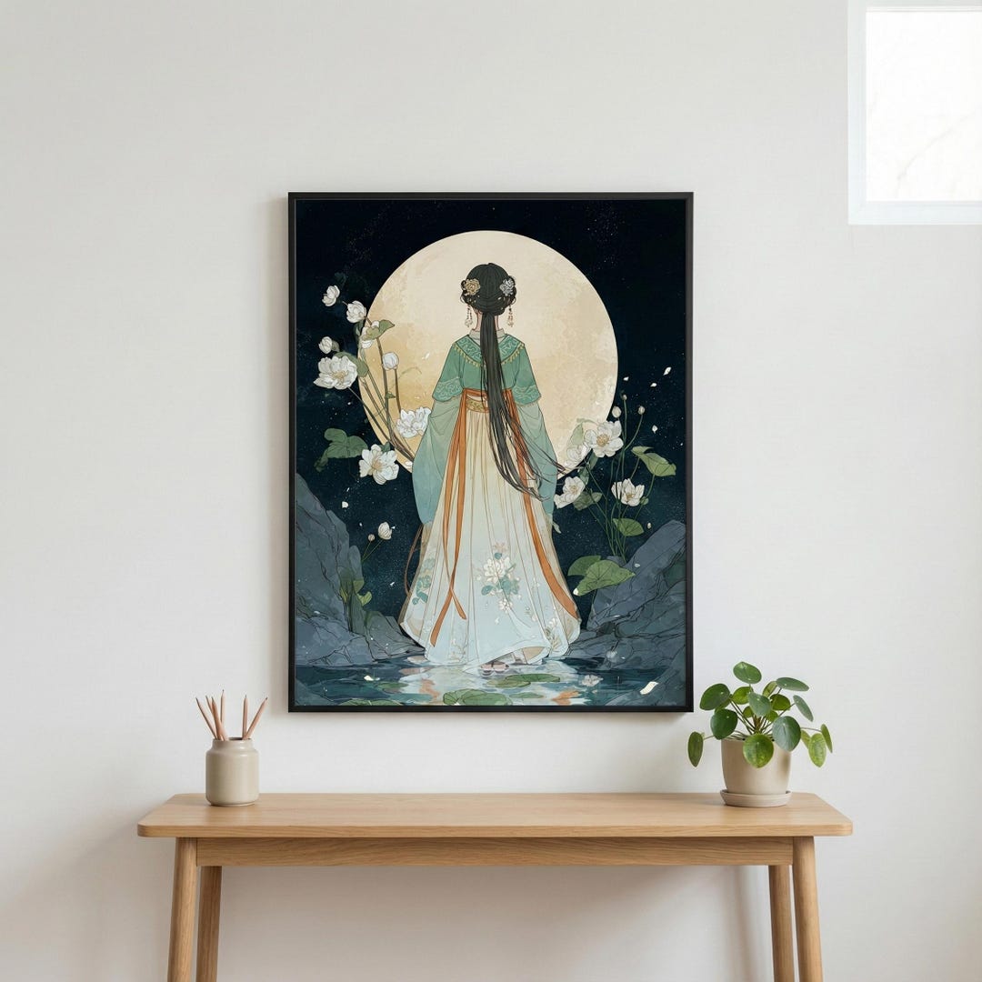 Moon Goddess Wall Art Printable, Lotus Pond Asian Bedroom Decor ...