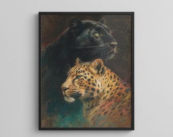Art mural imprimable panthère noire et léopard, portrait de chat sauvage en téléchargement numérique, décoration safari jungle, affiche grand félin, impression bohème terreuse