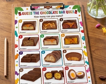 Quiz sulle barrette di cioccolato • Indovina le barrette di cioccolato: quiz a tema pub con immagini • Curiosità sui dolci britannici e americani • Gioco stampabile da stampare e giocare