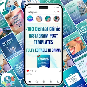 Może przedstawiać: Smartfon wyświetla reklamę szablonów postów na Instagramie Canva. Reklama promuje ponad 100 szablonów postów na Instagramie dla klinik dentystycznych, w pełni edytowalnych w Canva, z dwoma darmowymi prezentami. Tło zawiera różne posty na Instagramie o tematyce stomatologicznej.