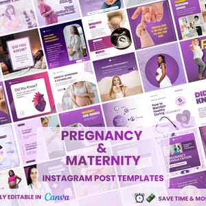 Pode incluir: Um conjunto de modelos de posts do Instagram com um esquema de cores roxo e branco, focado em tópicos de gravidez e maternidade. Os modelos incluem gráficos, texto e imagens relacionadas a cuidados pré-natais, saúde e aconselhamento. O texto inclui "Pregnancy & Maternity Instagram Post Templates".