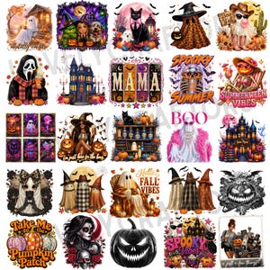 May include: A collection of twenty-five Halloween-themed digital illustrations featuring ghosts, pumpkins, skeletons, haunted houses, black cats, and witches, with various text elements including 'Mama', 'Spooky Summer', 'Boo', and 'Fall Vibes'.