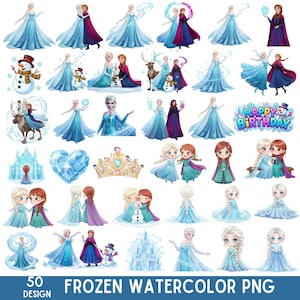Puede incluir: Una colección de 50 diseños de acuarela con personajes y elementos de la película "Frozen". Los diseños incluyen ilustraciones de Elsa y Anna en varias poses, un muñeco de nieve, un castillo y una corona. El texto "FROZEN WATERCOLOR PNG" está en la parte inferior.
