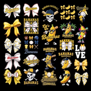 35+ coquette bananen honkbal png, let's go bananen png, grappig honkbal png, geel fruit honkbal clipart, game dag shirt, sublimatie png