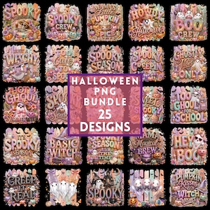 Può includere: Una collezione digitale di 25 design grafici a tema Halloween con fantasmi, zucche e testo stagionale in tonalità pastello. Il riquadro viola centrale mostra il testo bianco HALLOWEEN PNG BUNDLE 25 DESIGNS su uno sfondo nero.