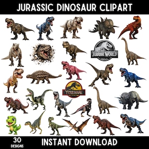 Puede incluir: Una colección de 30 diseños de dinosaurios en varios colores y poses. La imagen incluye una variedad de dinosaurios, incluyendo T-Rex, Estegosaurio y Triceratops, con el texto "JURASSIC DINOSAUR CLIPART" y "INSTANT DOWNLOAD".