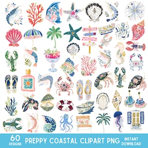 May include: A collection of 60 preppy coastal clipart designs in PNG format. The illustrations feature various marine life, including fish, starfish, and seashells, along with beach-themed elements like umbrellas and flip-flops. The color palette includes blues, pinks, and greens.