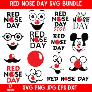 Può includere: Una collezione di 17 design SVG per il Red Nose Day in bianco e rosso. I design includono testo, facce di cartoni animati e un naso rosso. Formati: SVG, PNG, JPG, EPS e DXF.