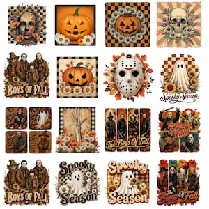 May include: A collection of sixteen square graphic designs featuring Halloween themes including jack-o'-lanterns, skulls, ghosts, and horror movie characters. The illustrations incorporate sunflowers, autumn leaves, and checkered patterns with text like The Boys of Fall and Spooky Season.