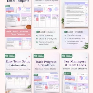 Könnte beinhalten: Digitale Produktpräsentation mit Excel-Vorlagen für Projektmanagement, Aufgabenverfolgung und Team-Dashboards. Die Vorlagen umfassen visuelle Zusammenfassungen, Diagramme und Automatisierungsfunktionen. Der Text enthält "Team Project Management Excel Template" und "For Managers & Team Leads."