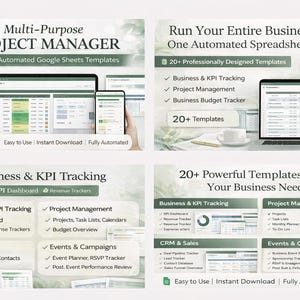 May include: A promotional image showcasing Google Sheets templates for business management. The image highlights features like project management, KPI tracking, and budget tracking. The templates are designed for ease of use and instant download.