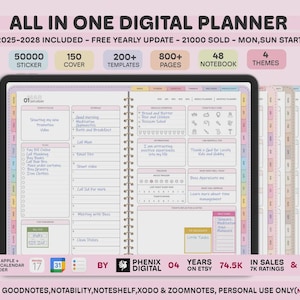 Allt-i-ett digital planerare 2025, 2026, 2027, digital planerare, digital journal, digital Goodnotes-mall, veckoplanerare, dagsplanerare, Notability