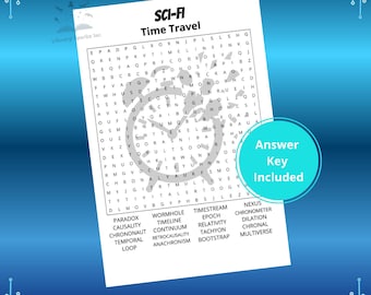 Puede incluir: Un rompecabezas de búsqueda de palabras en blanco y negro titulado "SCI-FI Time Travel" con un gráfico de reloj. El rompecabezas incluye el texto "Answer Key Included" y una lista de términos de ciencia ficción. Las palabras "Digital Game Files" e "Instant Download" también son visibles.