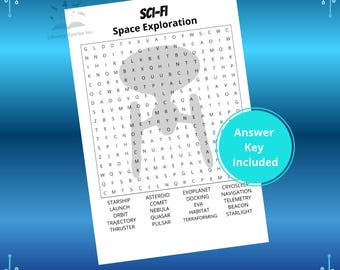 Puede incluir: Un rompecabezas de búsqueda de palabras imprimible en blanco titulado "SCI-FI Space Exploration". El rompecabezas incluye una lista de palabras y el texto "Answer Key Included". Las palabras están relacionadas con el espacio y la ciencia ficción. La frase "Digital Game Files • Instant Download" está en la parte inferior.