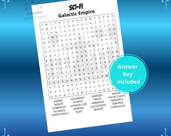 Puede incluir: Un rompecabezas de búsqueda de palabras en blanco y negro titulado "SCI-FI Galactic Empire" con un círculo azul que dice "Answer Key Included". El rompecabezas incluye palabras como "Empire", "Senate" y "Dominion". La parte inferior de la imagen dice "DIGITAL GAME FILES • INSTANT DOWNLOAD."