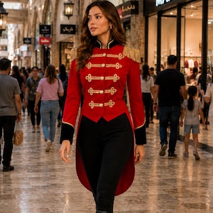 May include: A red military-style jacket with gold braided trim, gold buttons, and gold fringe epaulets, paired with black fitted trousers and black knee-high leather boots. The jacket features a high collar and a long, tailcoat-style back hem.