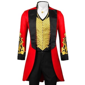 May include: A red tailcoat with black lapels and gold embroidery. The coat features a black vest with gold embellishments and a white collared shirt underneath. The sleeves have gold floral designs, and the coat is paired with black pants.