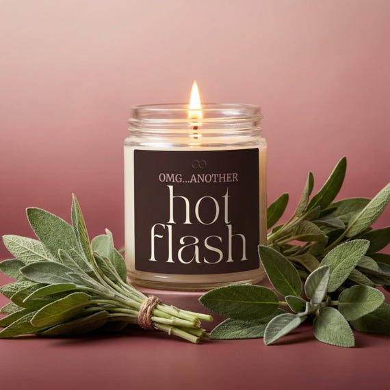 A hand-poured candle with a cheeky menopause-themed label — the kind of gag gift that's genuinely funny AND actually useful, not just a piece of junk.