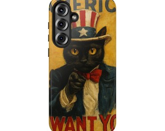 Könnte beinhalten: Eine Handyhülle mit einer schwarzen Katze als Uncle Sam, die mit dem Finger zeigt. Die Katze trägt einen Hut und eine Fliege in den Farben der USA. Die Worte "AMERICA" und "WANT YOU" sind zu sehen.