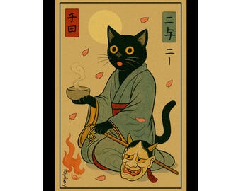 Japanese Cat Satin Art Print: Ukiyo-e Style Vintage Wall Decor