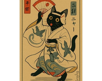 Japanese Cat Print, Ukiyo-e Style Art, Black Cat Kimono Poster