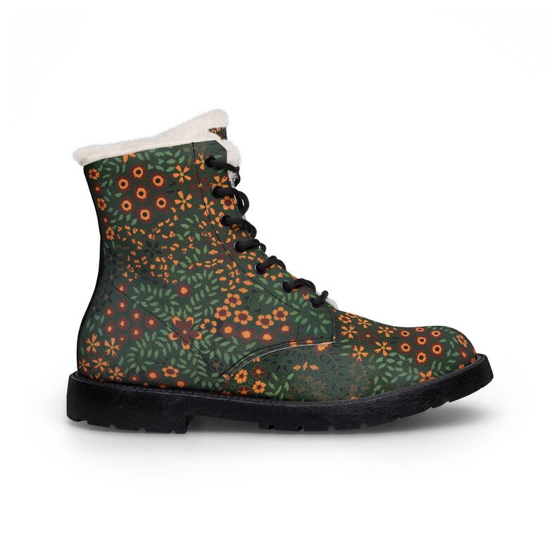Orange & Red Floral Pattern Boots | Fur Lined Leather Winter Ankle ...