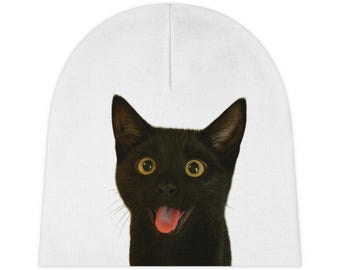 Happy Black Cat Baby Beanie: Polyester Knit Infant Cap