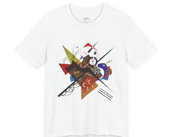 Puede incluir: Camiseta blanca con un diseño geométrico abstracto en rojo, amarillo, azul y negro. El diseño incluye triángulos, líneas y formas circulares. La camiseta tiene mangas cortas y cuello redondo. La marca "Riley" está impresa en el cuello.