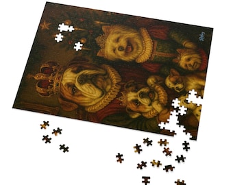 Può includere: Un puzzle raffigurante un ritratto reale di cani vestiti con abiti reali. L'immagine mostra un bulldog con una corona e altri cani con gorgiere. Alcuni pezzi del puzzle sono separati.